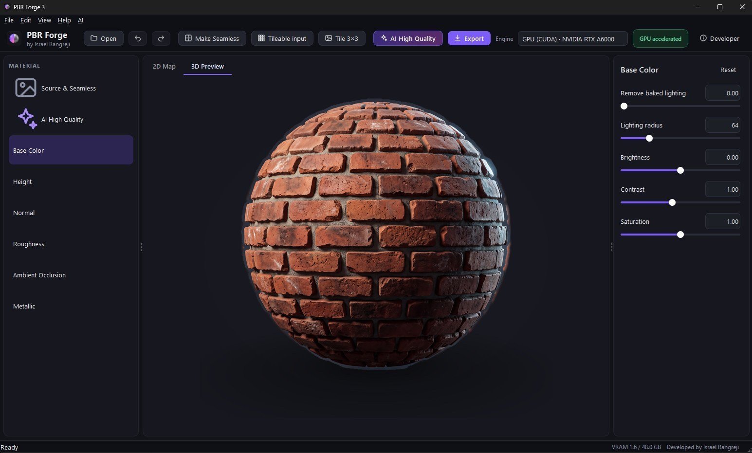 PBR Forge 3 editor showing a brick material on a sphere in the 3D preview
