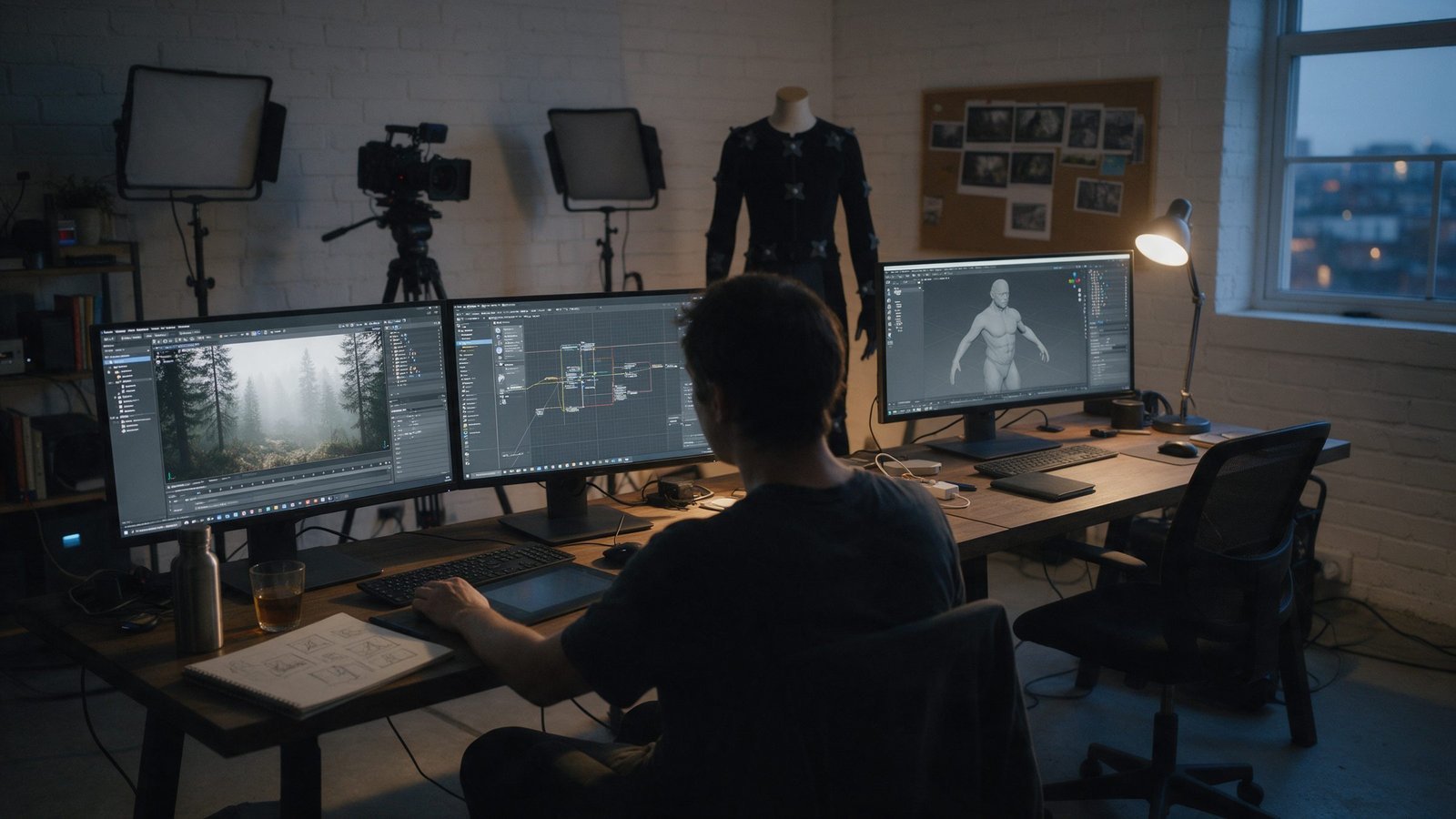 Artist working in Unreal Engine at a CG studio in the evening