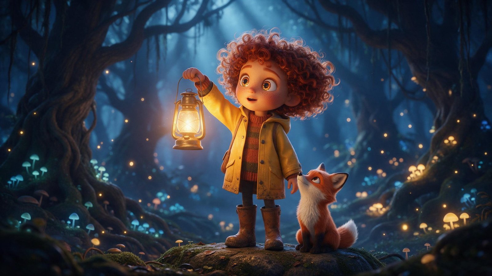 Animated film still of a young explorer and a fox in a misty forest