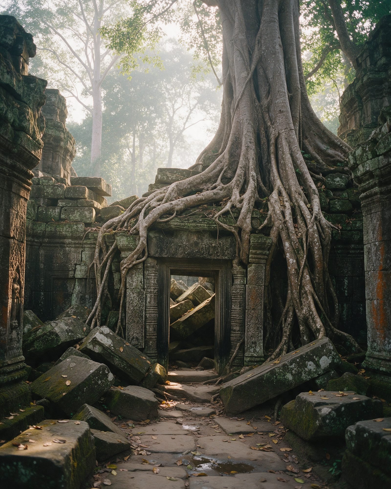 Ancient temple ruins in a misty jungle