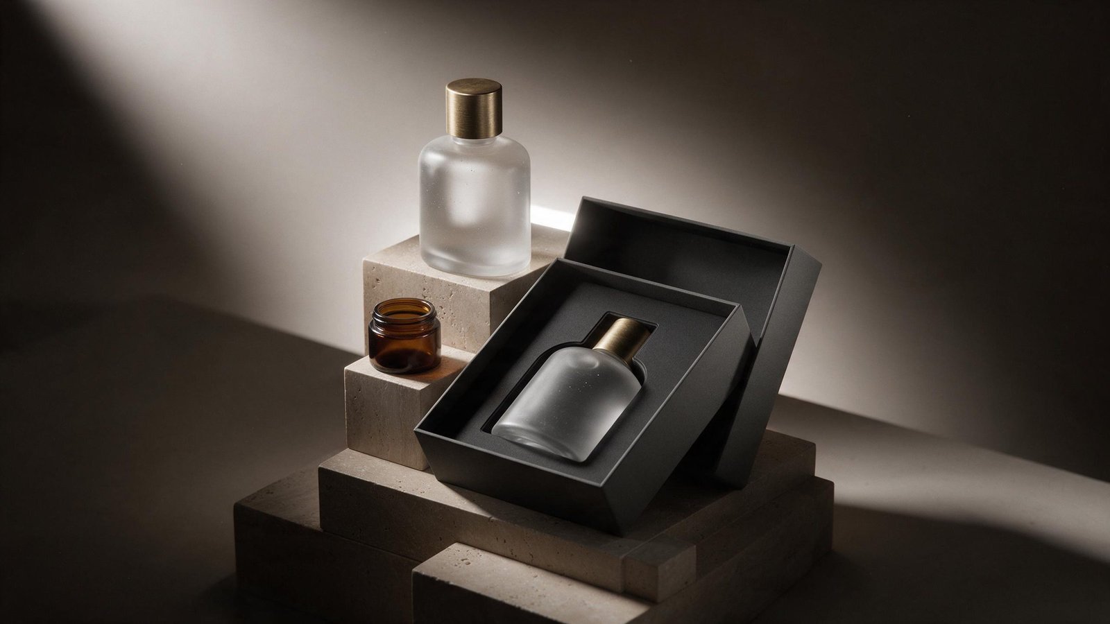 Premium product packaging in a dark photo studio
