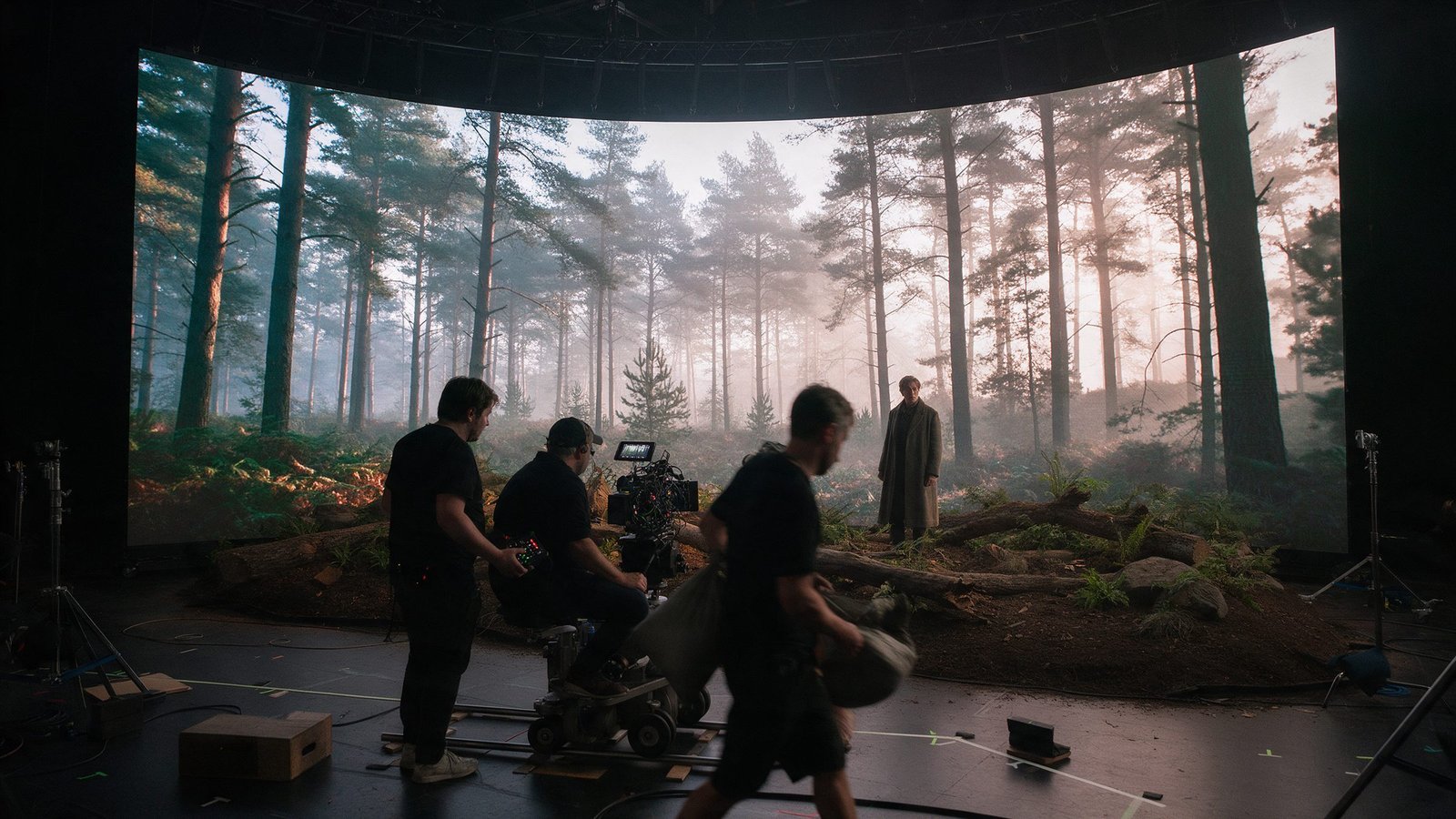 Film crew shooting in front of an LED wall